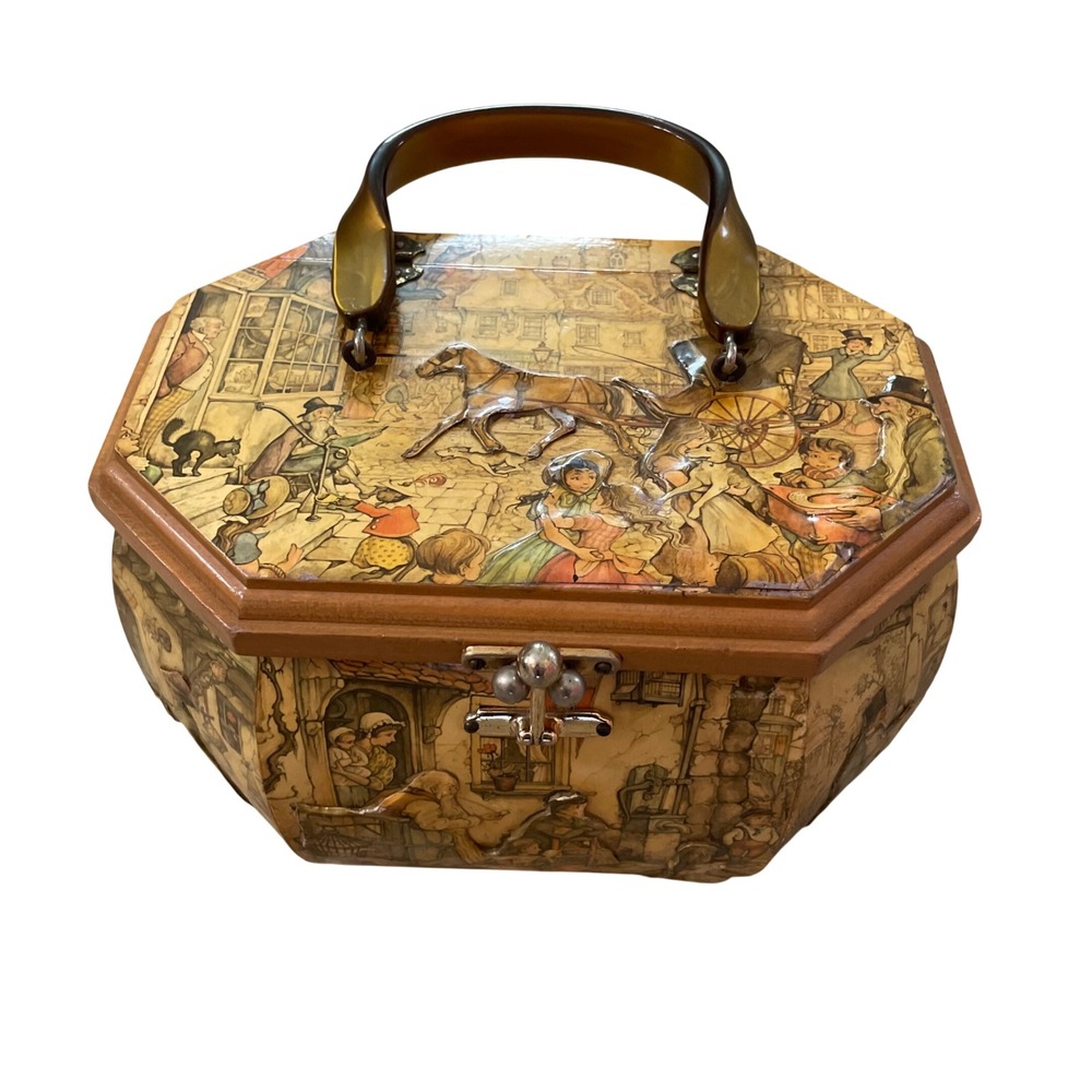 Vintage Anton Pieck Decoupage Wooden Box Purse 3D Art Victorian Scenes Handbag